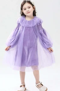 Purple Mesh Ruffle Neck Princess Dress